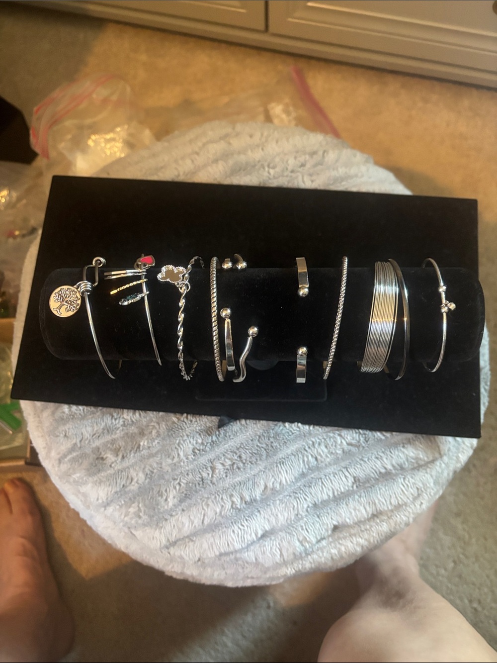 Silvertone cuff and wire bracelets